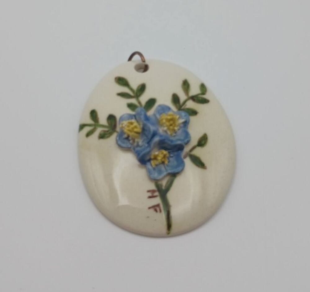 Handmade Ceramic Flower Pendant Blue Floral Art Pottery Signed HF